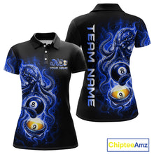 Load image into Gallery viewer, Black polo shirt with blue and white billiard ball design on a white background