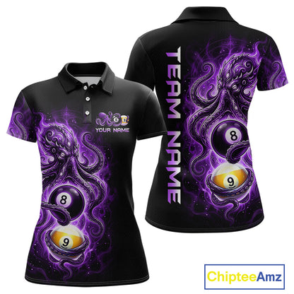 Black polo shirt with purple and yellow design featuring billiard balls, 'Team Name' text, and Chiptee Amz branding.