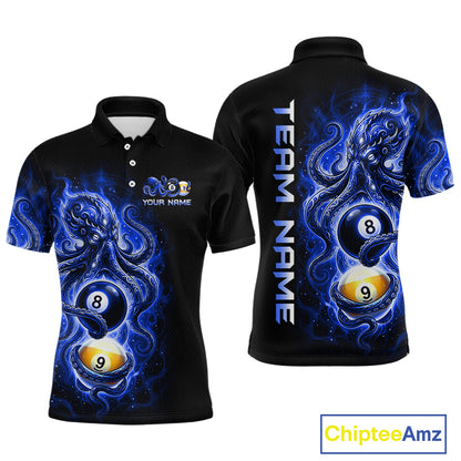 Black polo shirt with blue and white design featuring pool balls, 'Team Name' text on the back, and 'Chiptee Amz' branding.