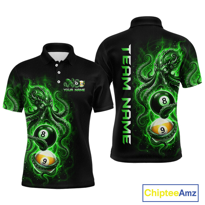Black polo shirt with green pool ball design on front and back, featuring 'Chiptee Amz' branding.
