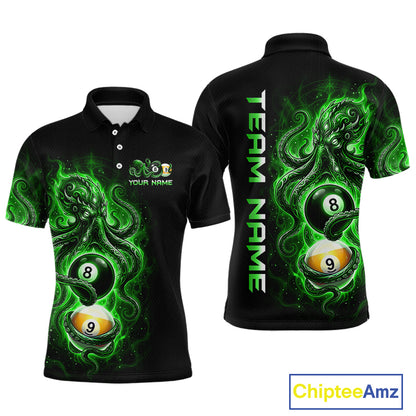 Black polo shirt with green pool ball design on front and back, featuring 'Chiptee Amz' branding.