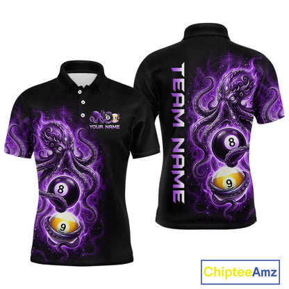 Black polo shirt with purple and white design featuring pool balls and 'Team Name' text on a white background.