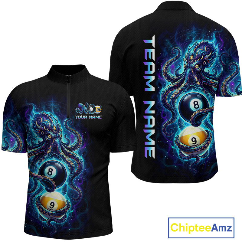 Black polo shirt with octopus design and 'Team Name' text on the back, featuring Chiptee Amz branding.