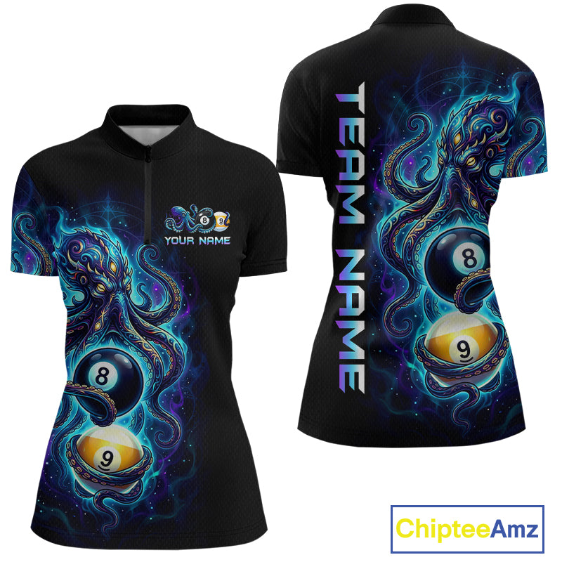 Black polo shirt with colorful design of billiard balls and octopus, featuring 'Chiptee Amz' branding.