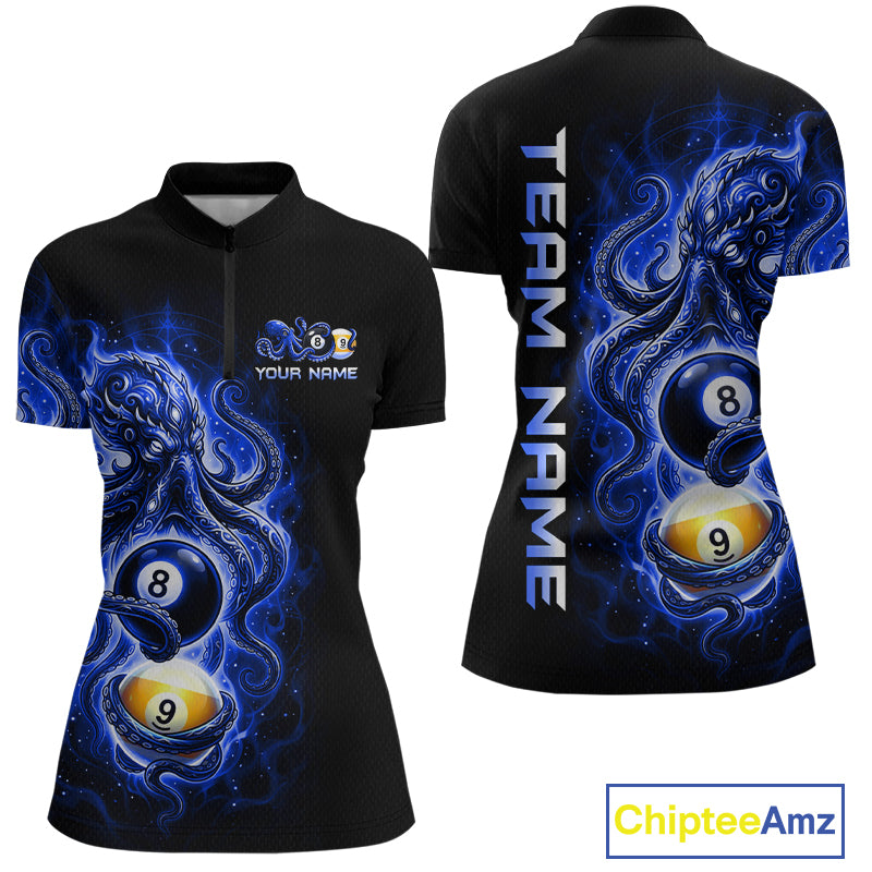 Black polo shirt with blue and white design featuring pool balls and 'Team Name' text, on a white background.