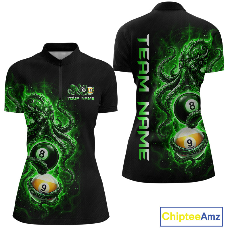 Black polo shirt with green and white design featuring pool balls and text on a white background.