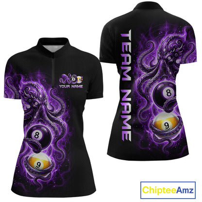 Black polo shirt with purple and white design featuring billiard balls and 'Team Name' text on a white background.