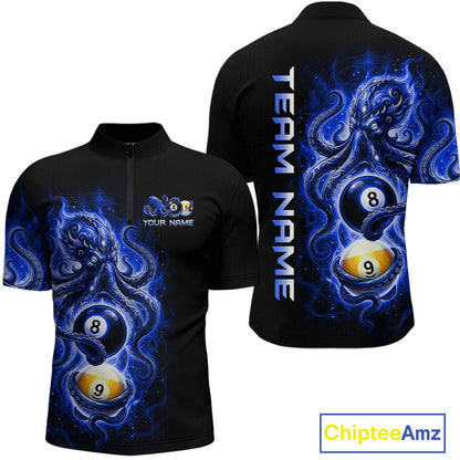 Black shirt with blue and white design featuring pool balls and 'Team Name' text, Chiptee Amz brand visible.