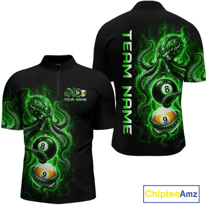Black t-shirt with green octopus design and pool ball elements on a white background, featuring 'Chiptee Amz' branding.