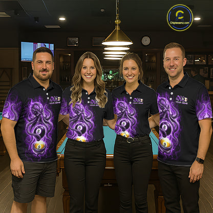 Four people wearing matching purple and black shirts with a pool ball design in a billiards hall.