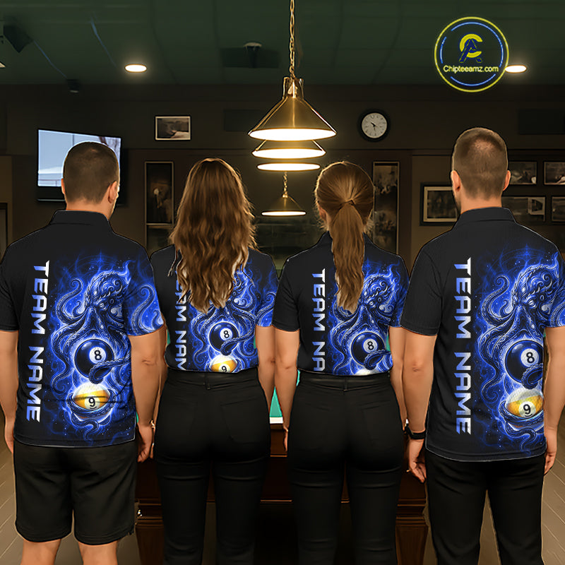 Four people wearing matching black shirts with blue designs and 'Team Name' text in a pool hall.