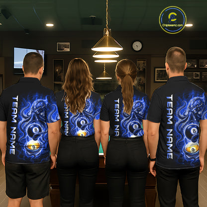 Four people wearing matching black shirts with blue designs and 'Team Name' text in a pool hall.