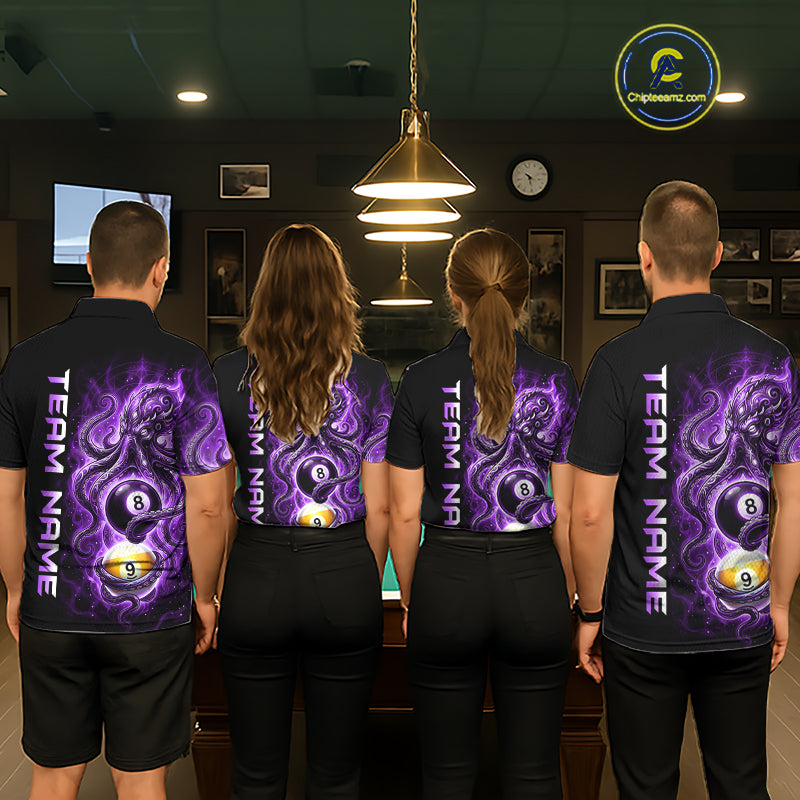 Four people wearing black shirts with purple designs and 'Team Name' text in a pool hall.