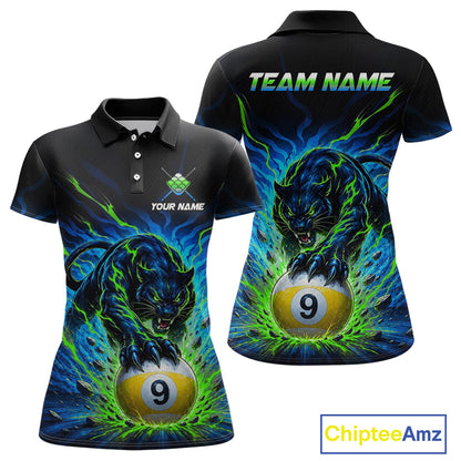 Black polo shirt with panther and billiard ball design, customizable text, and Chiptee Amz branding.