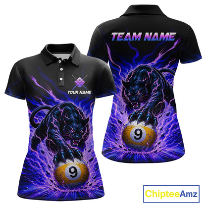 Black polo shirt with a panther holding a pool ball design, customizable text, and Chiptee Amz branding.