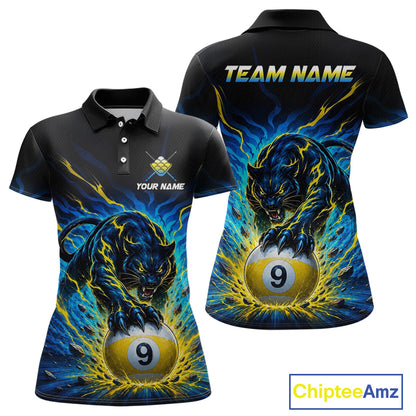 Black polo shirt with panther and billiard ball design, customizable text, and Chiptee Amz branding.