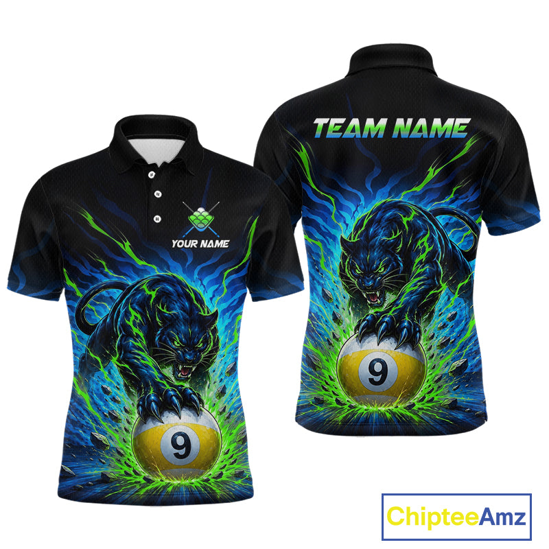 Black polo shirt with panther and pool ball design, customizable text, and Chiptee Amz branding.