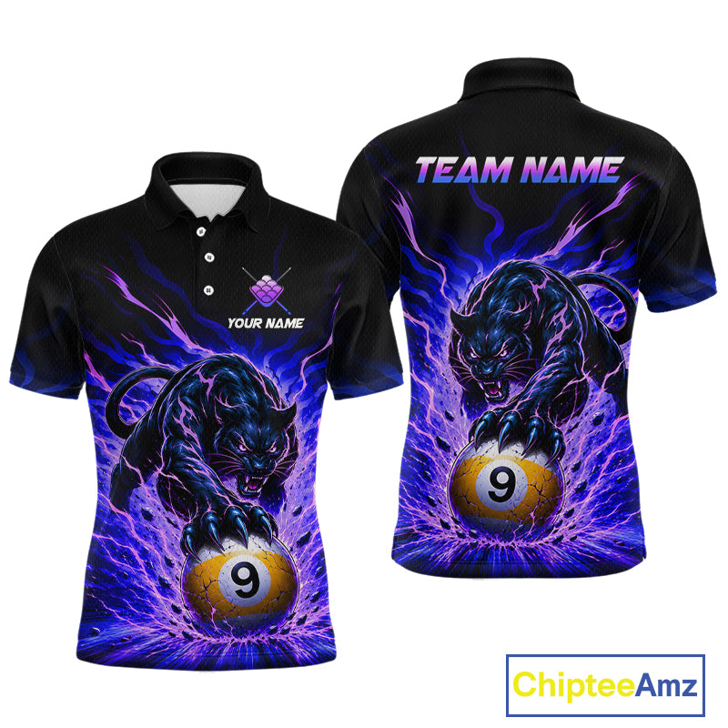 Black polo shirt with panther and pool ball design on a white background