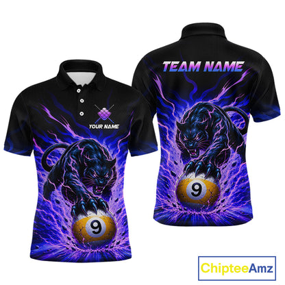 Black polo shirt with panther and pool ball design on a white background