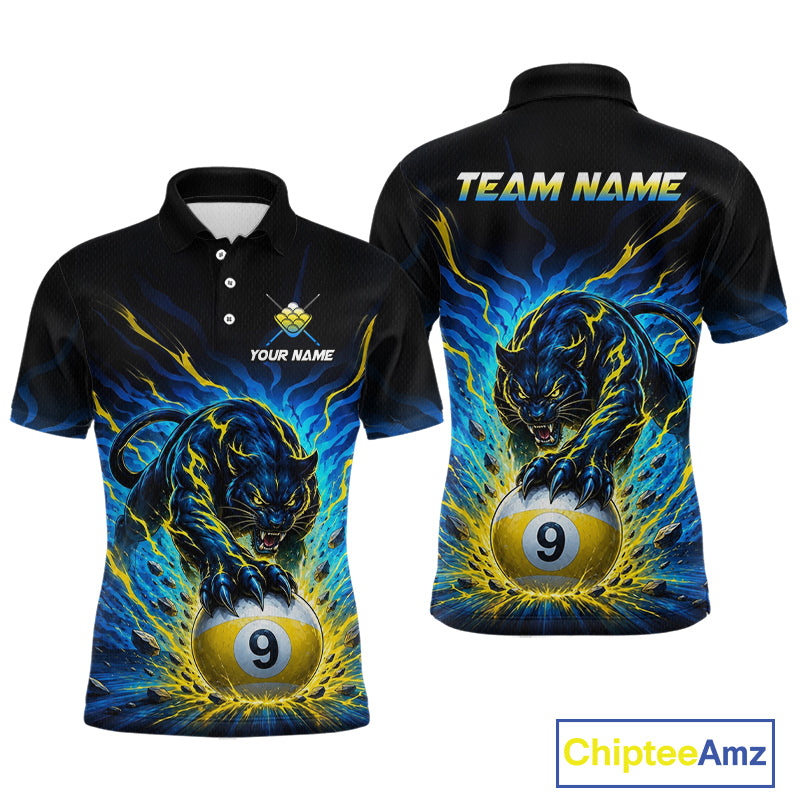 Black polo shirt with panther and pool ball design on front and back, customizable text, Chiptee Amz brand visible.