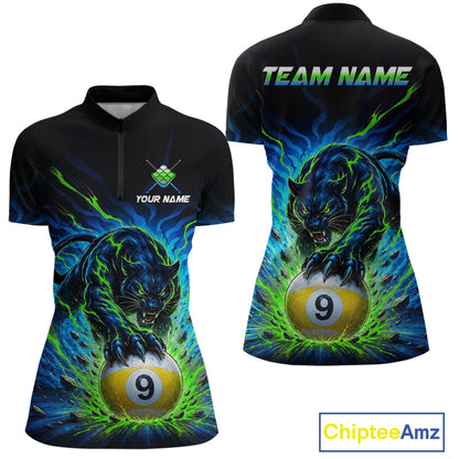 Black polo shirt with a panther and pool ball design on a white background, featuring 'Chiptee Amz' branding.