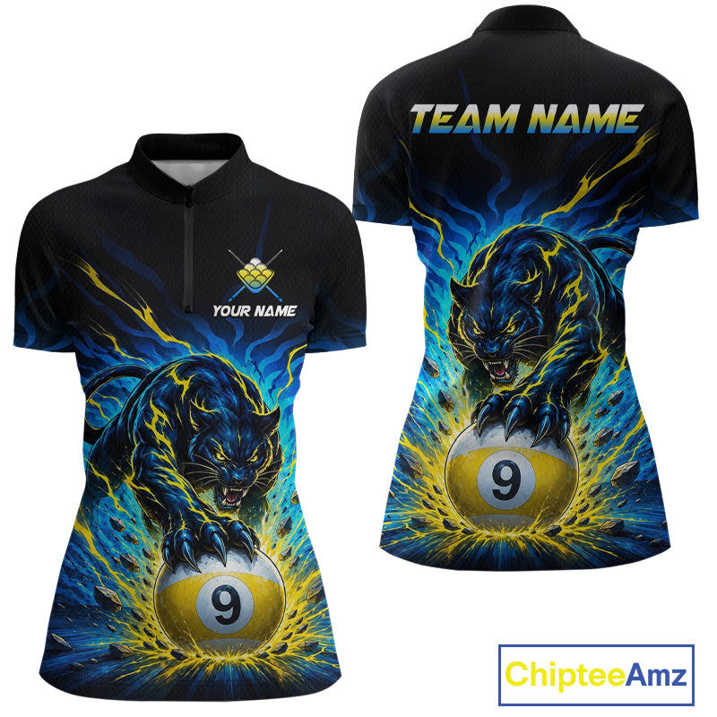 Black polo shirt with a panther and pool ball design, customizable with 'Your Name' and 'Team Name'.