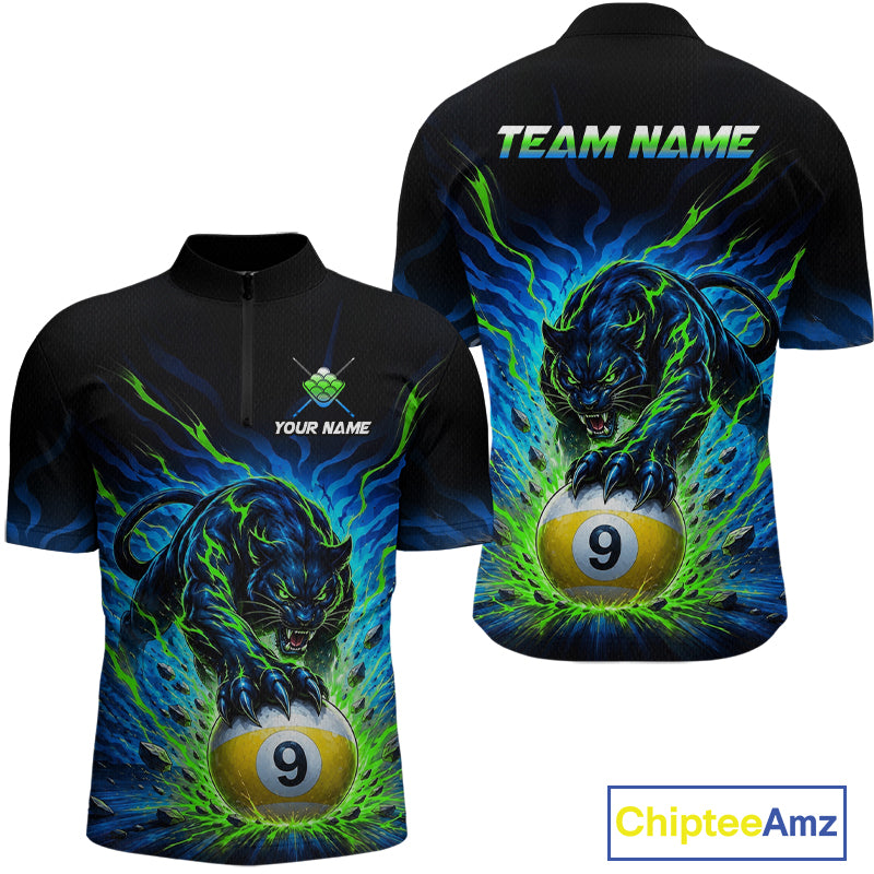 Black shirt with panther and pool ball design on front, and panther and pool ball design on back with 'Team Name' text.
