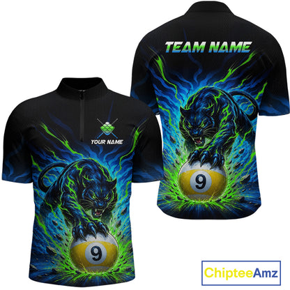 Black shirt with panther and pool ball design on front, and panther and pool ball design on back with 'Team Name' text.