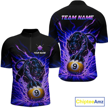 Black t-shirt with a panther and pool ball design on a white background