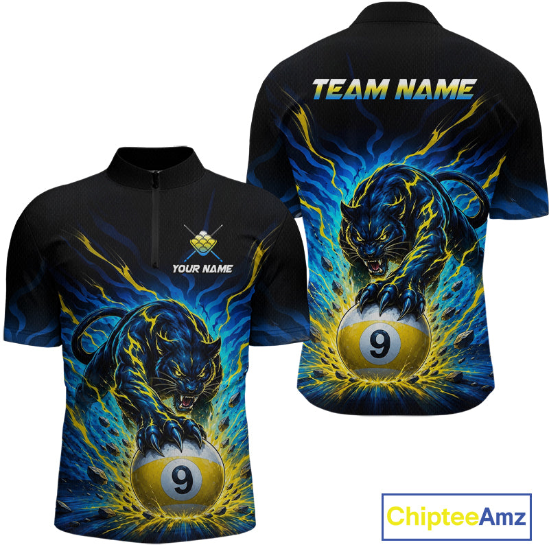 Black shirt with panther and pool ball design, featuring 'Team Name' and 'Your Name' text on a white background.