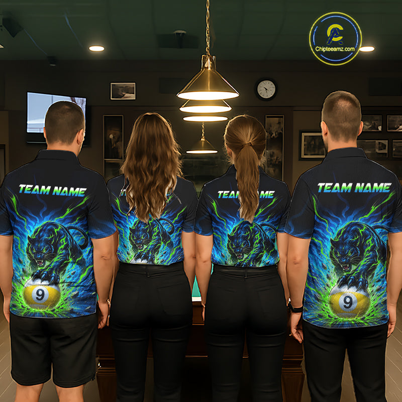 Four people wearing matching shirts with a panther design and 'Team Name' text in a pool hall.