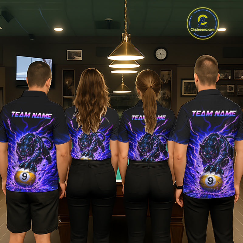 Four people wearing matching shirts with a panther design in a pool hall.