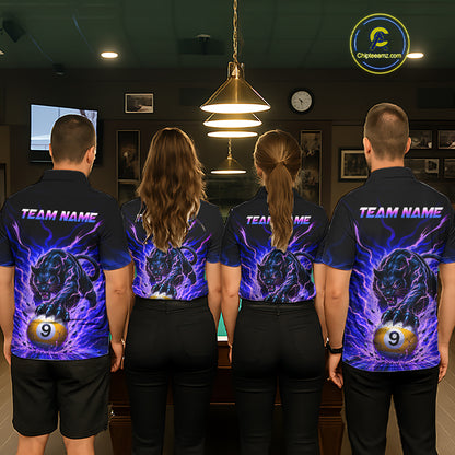 Four people wearing matching shirts with a panther design in a pool hall.