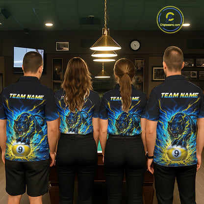 Four people wearing matching shirts with a team name and panther design in a room.