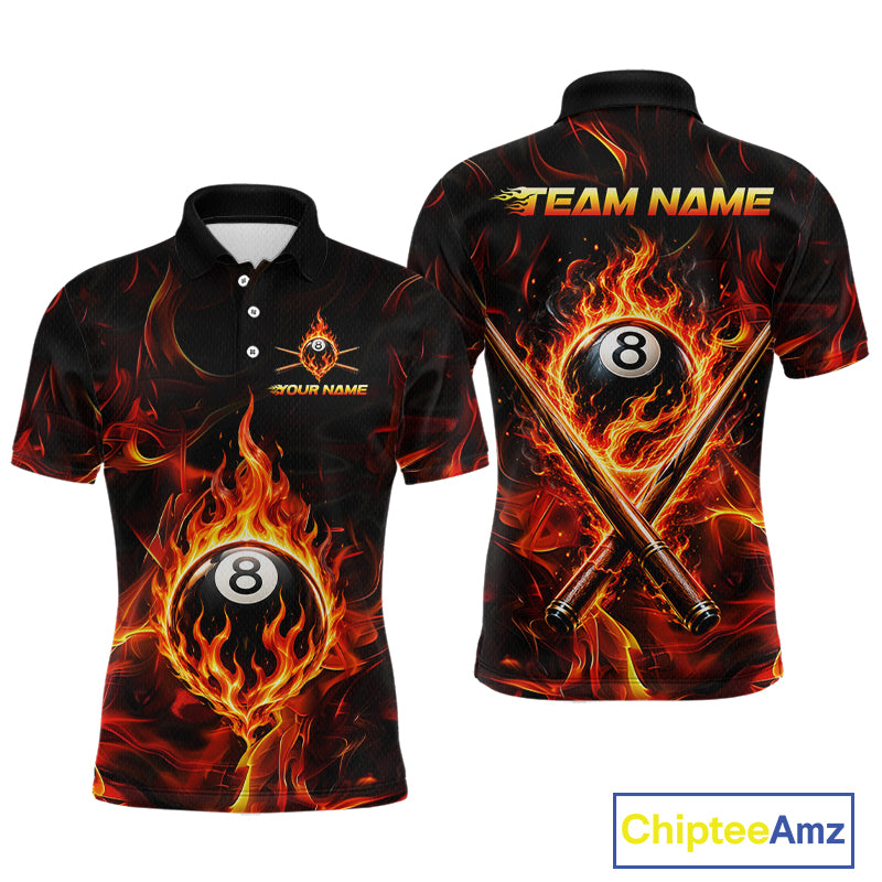 Black polo shirt with fiery design of an eight-ball and pool cue, customizable text, and Chiptee Amz branding.