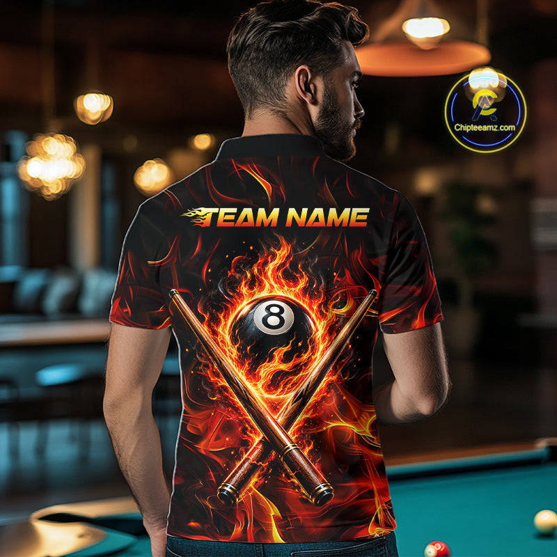 Person wearing a shirt with a fiery design and 'Team Name' text in a bar setting.