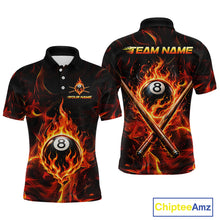 Load image into Gallery viewer, Black polo shirt with fiery design of an eight-ball and pool cue, customizable text, and Chiptee Amz branding.
