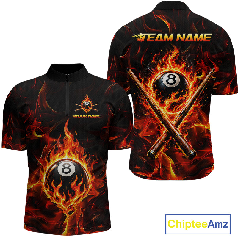 Two polo shirts with fiery design and pool ball elements, featuring 'Chiptee Amz' branding.