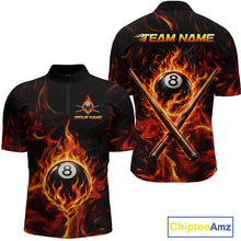 Load image into Gallery viewer, Two polo shirts with fiery design and pool ball elements, featuring 'Chiptee Amz' branding.