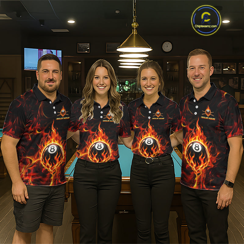 Four people wearing matching polo shirts with a fire design and number 8 ball in a pool hall.