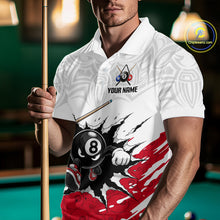 Load image into Gallery viewer, Man wearing a white polo shirt with a pool-themed design and 'Your Name' text, holding a pool cue.