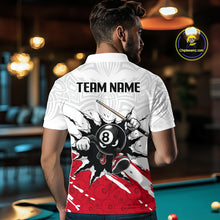 Load image into Gallery viewer, Man wearing a white polo shirt with a pool-themed design and 'Team Name' text on the back, in a pool hall setting.