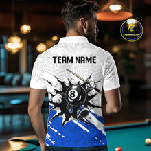 Load image into Gallery viewer, Man wearing a white polo shirt with pool-themed design and 'Team Name' text on the back, in a pool hall setting.
