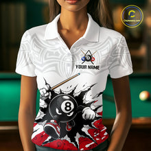 Load image into Gallery viewer, White polo shirt with 8-ball design and customizable text, worn by a person in a pool hall setting.