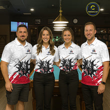 Load image into Gallery viewer, Four people wearing matching billiard-themed shirts in a billiard alley.