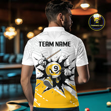 Load image into Gallery viewer, Man wearing a white and yellow polo shirt with a pool ball design and 'TEAM NAME' text, standing in a pool hall.
