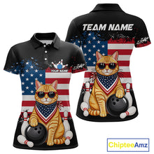 Load image into Gallery viewer, Custom us flag cat bowling jersey for women, personalized team bowling polo shirt front view and back view