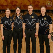 Load image into Gallery viewer, Four individuals in matching bowling team shirts standing on a bowling alley.