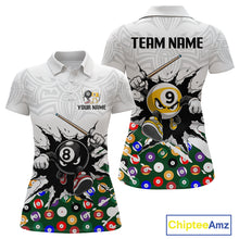 Load image into Gallery viewer, Customizable polo shirt with billiards design and space for team name and player name, brand 'Chiptee Amz' visible.
