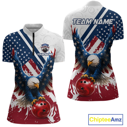 Front and back views of a women's short-sleeve quarter-zip performance shirt featuring a patriotic American flag design with a bald eagle and red bowling balls. The shirt includes customizable text areas reading 'TEAM NAME' and 'YOUR NAME'.